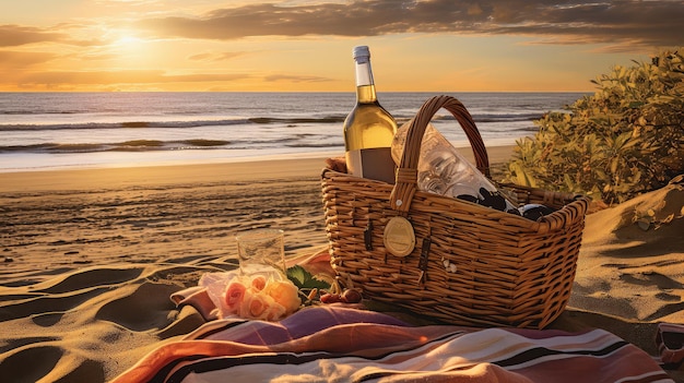 Foto playa de la canasta de picnic de verano