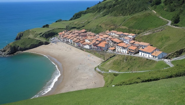 una playa con casas en la colina y una playa en el fondo