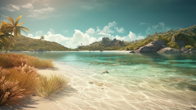 Una playa con un castillo al fondo.