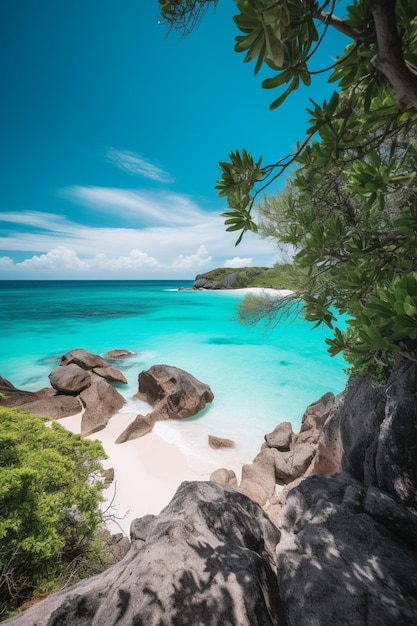 Una playa con un cielo azul y árboles