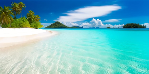 Una playa con cielo azul y arena blanca