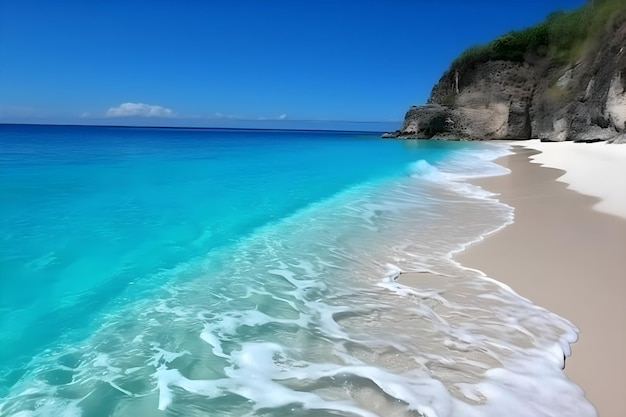 Una playa con cielo azul y arena blanca