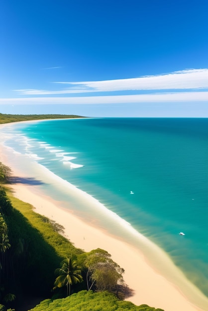 Una playa con cielo azul y arena blanca