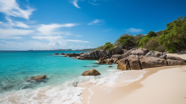 Una playa con cielo azul y arena blanca