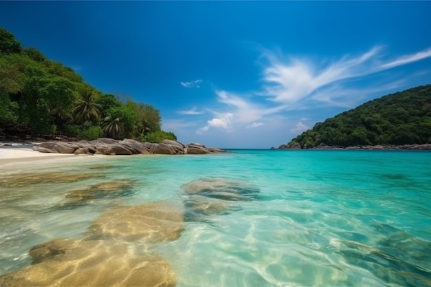 Una playa con un cielo azul y una isla tropical al fondo