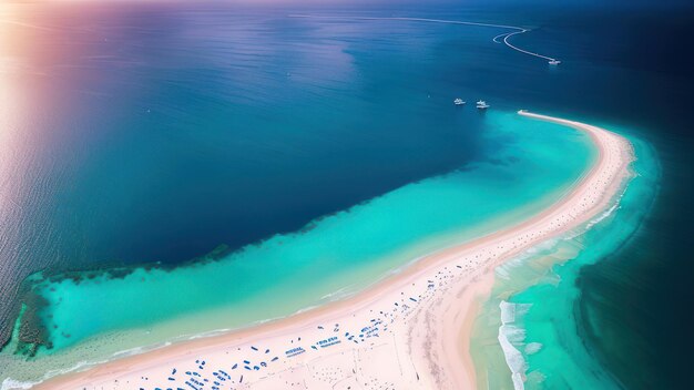 Una playa con un cielo azul y el mar de fondo