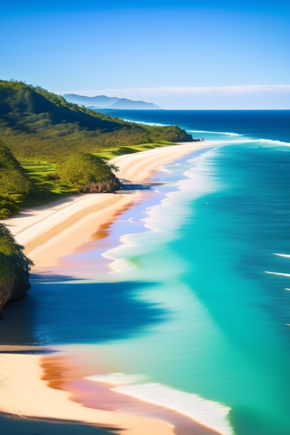 Una playa con un cielo azul y el mar de fondo.