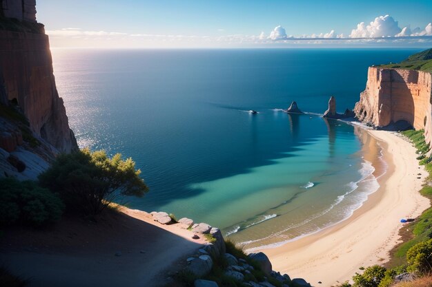 Una playa con un cielo azul y el mar de fondo