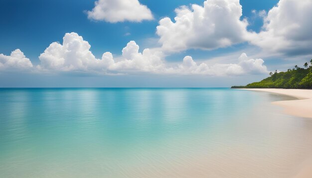 una playa con un cielo azul y nubes en el agua