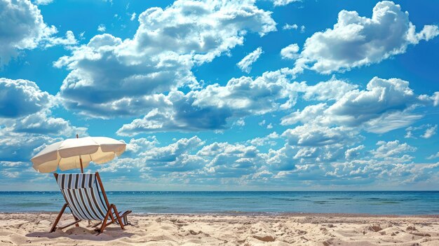 La playa, el cielo azul y las nubes blancas, la orilla arenosa, la silla de estar bajo un paraguas, la ilustración generada por la IA.