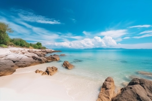 Una playa con un cielo azul y nubes blancas