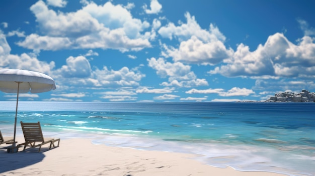 Una playa con cielo azul y nubes.