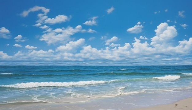 Una playa con cielo azul y nubes.