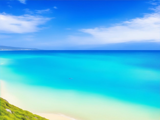 Una playa con cielo azul y nubes.