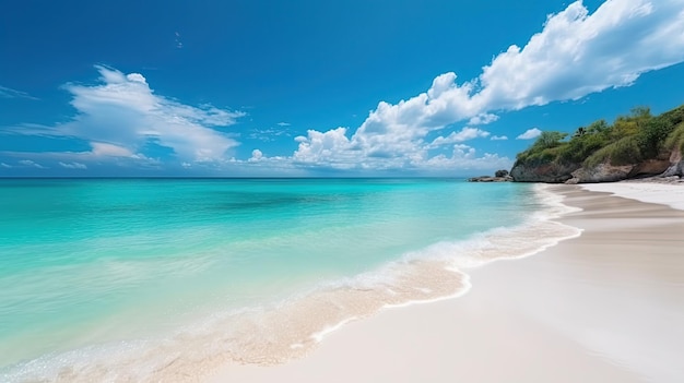 Una playa con cielo azul y nubes.