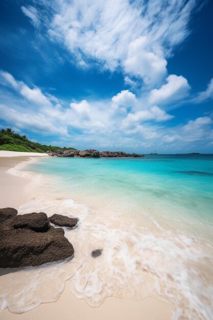 Una playa con cielo azul y nubes.