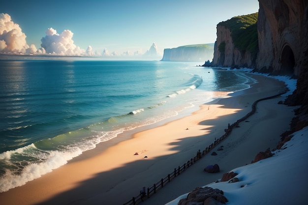 Una playa con cielo azul y nubes.