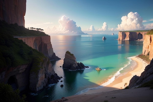 Una playa con cielo azul y nubes.