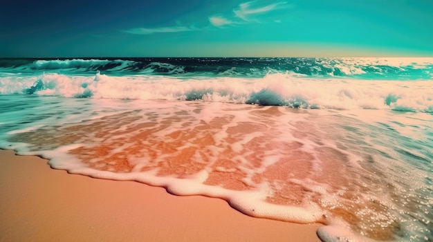 Una playa con cielo azul y olas