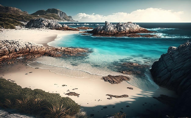 Una playa con un cielo azul y una orilla rocosa