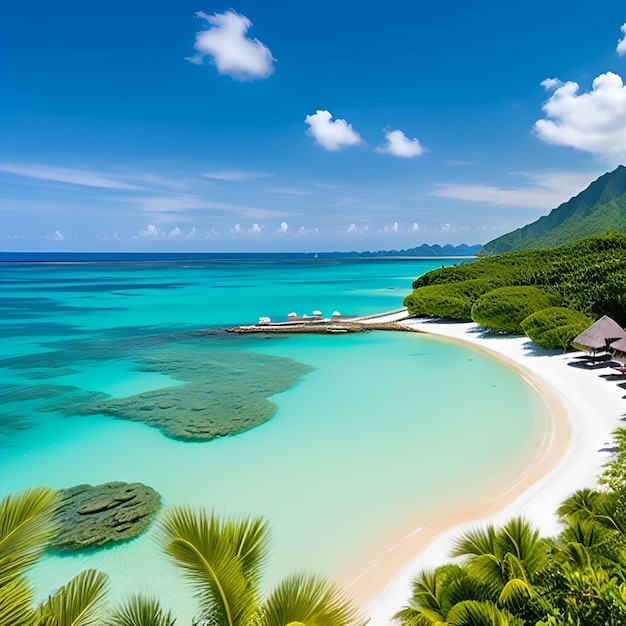 Una playa con cielo azul y palmeras.