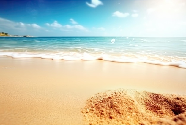 Una playa con un cielo azul y el sol brillando sobre ella.