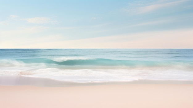 Una playa con un cielo color pastel y el océano al fondo.