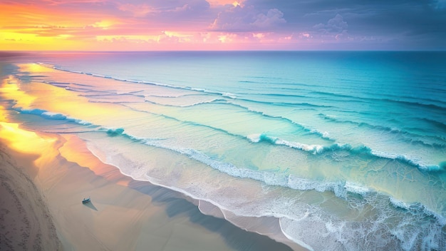 Una playa con un cielo colorido y olas