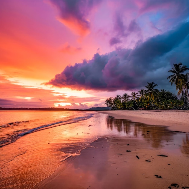 Una playa con un cielo colorido y palmeras.