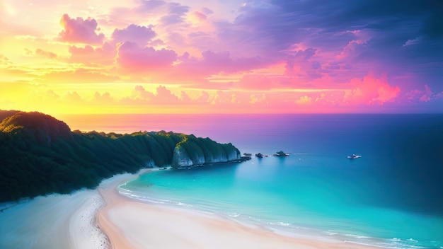 Una playa con un cielo colorido y la puesta de sol sobre ella.