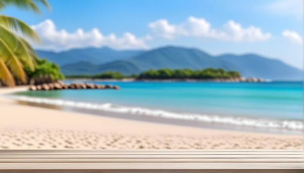 Foto playa y cielo con mesa de madera