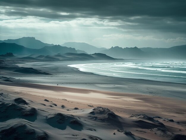 Una playa con un cielo nublado y montañas al fondo.