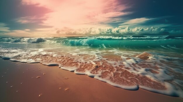 Una playa con un cielo rosa y azul y olas.