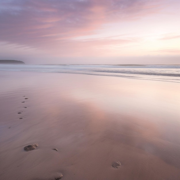 Una playa con un cielo rosa y morado y algunas huellas en la arena.