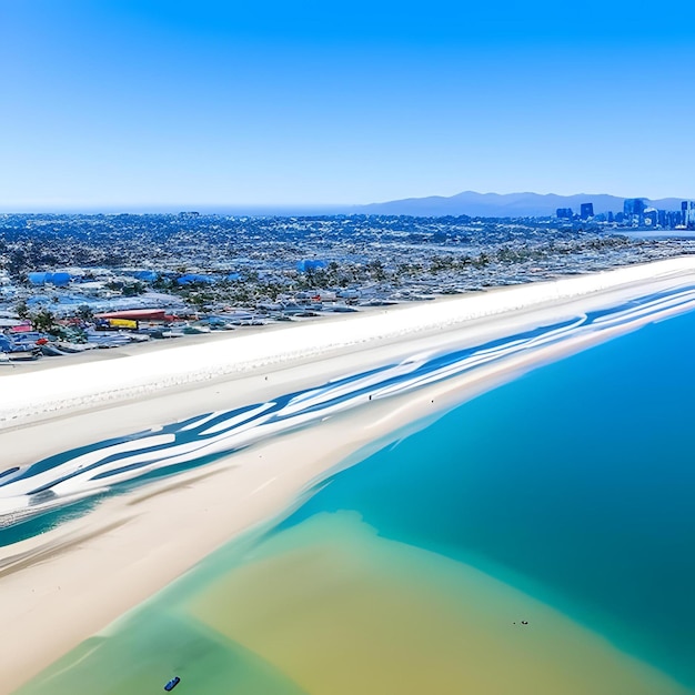 Una playa con una ciudad al fondo.