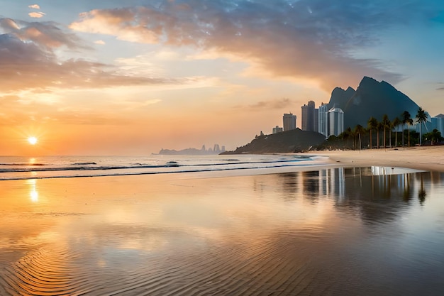 Una playa con una ciudad al fondo.