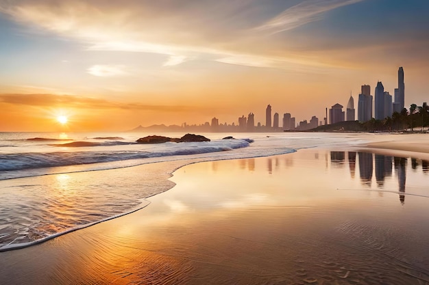 Una playa con una ciudad al fondo.