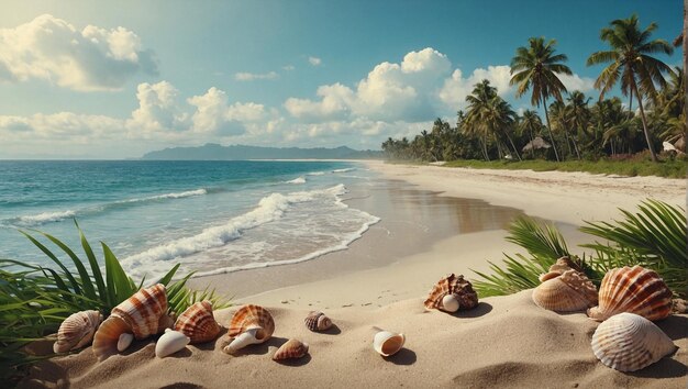 Foto una playa con conchas y conchas marinas en ella