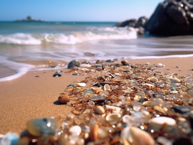 Una playa con conchas y el mar de fondo