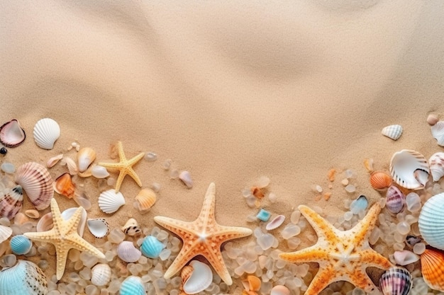 Una playa con conchas marinas y estrellas de mar