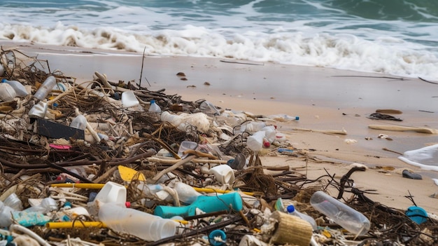 Playa contaminada con basura y desechos plásticos