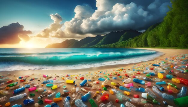 La playa contaminada con desechos plásticos al atardecer