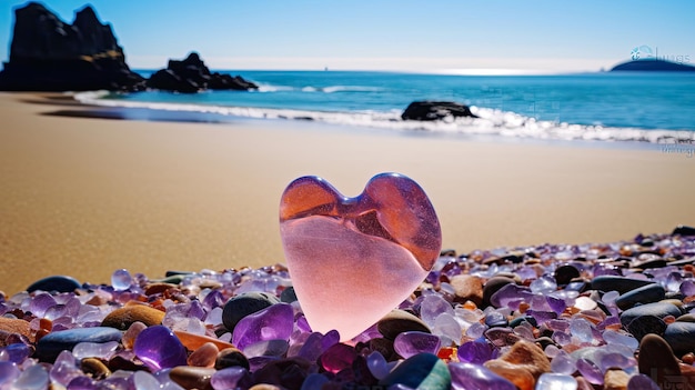 playa con cristales rosados y púrpuras en forma de corazón