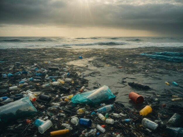 una playa cubierta de botellas de plástico y basura en un día nublado con el sol brillando