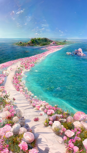 Playa cubierta de flores rosas junto a un cuerpo de agua generativa ai