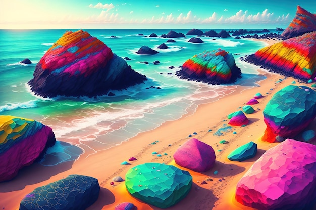 Una playa cubierta de muchas rocas de colores.