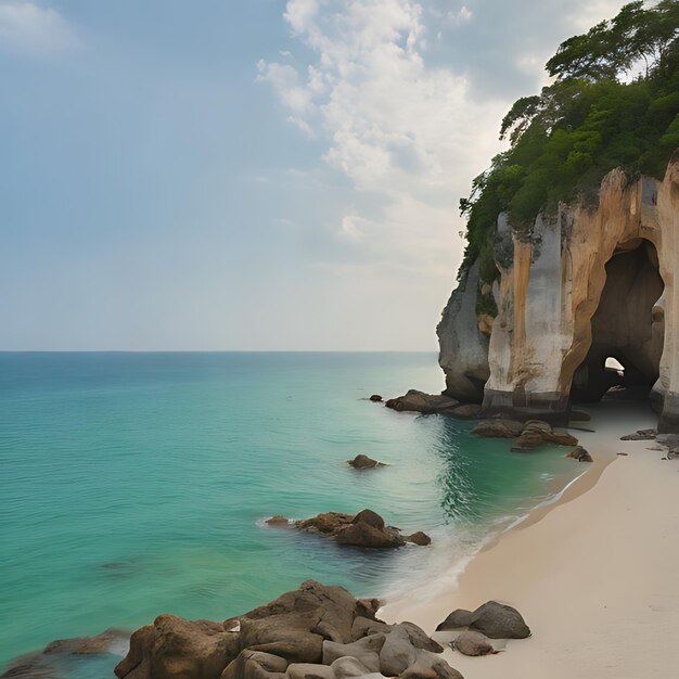 Foto una playa con una cueva en el medio