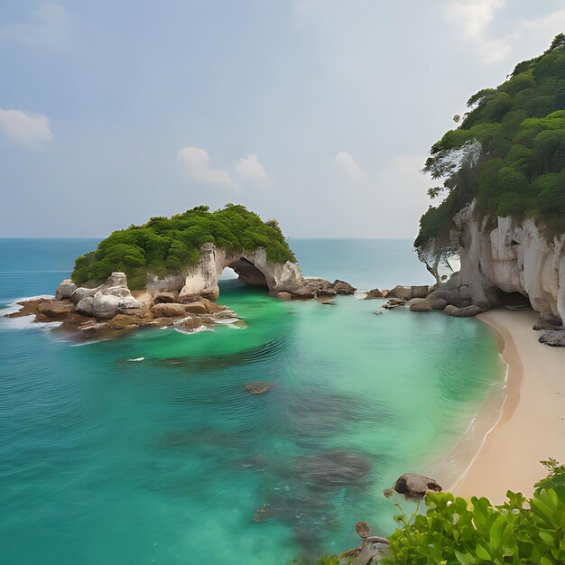 Foto una playa con una cueva en el medio