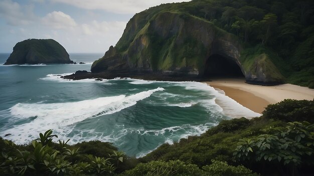 una playa con una cueva en el medio