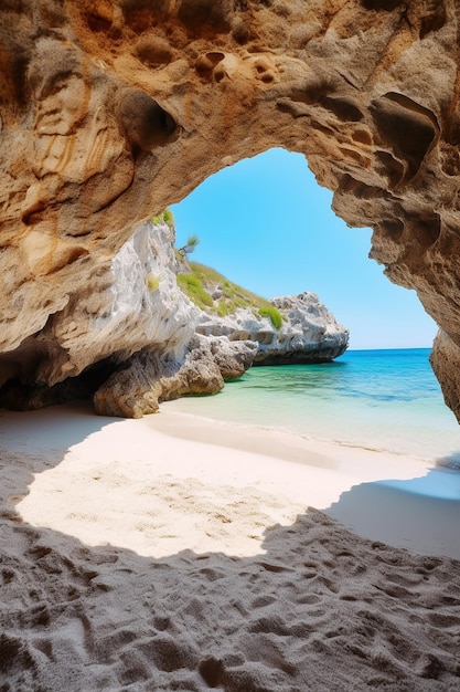 Una playa con una cueva en el medio.